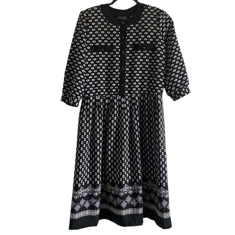 Vintage 90s Black White Midi Dress Geometric Button Front USA Made 10